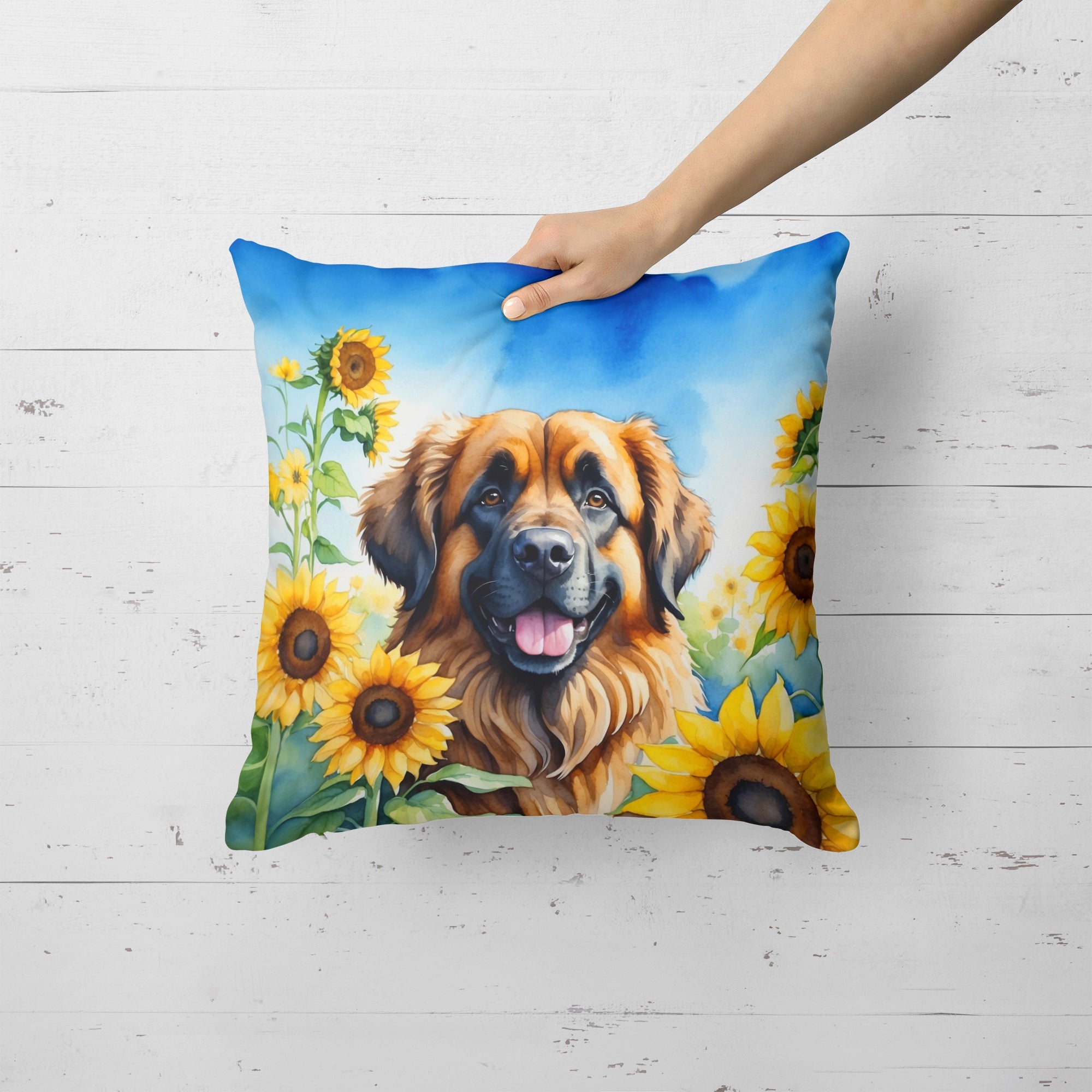 Leonberger in Sunflowers Decorative Throw Pillow 18x18 Indoor Outdoor Accent Cushion, Fabric Cover with Insert for Sofa, Bed, Porch & Living Room