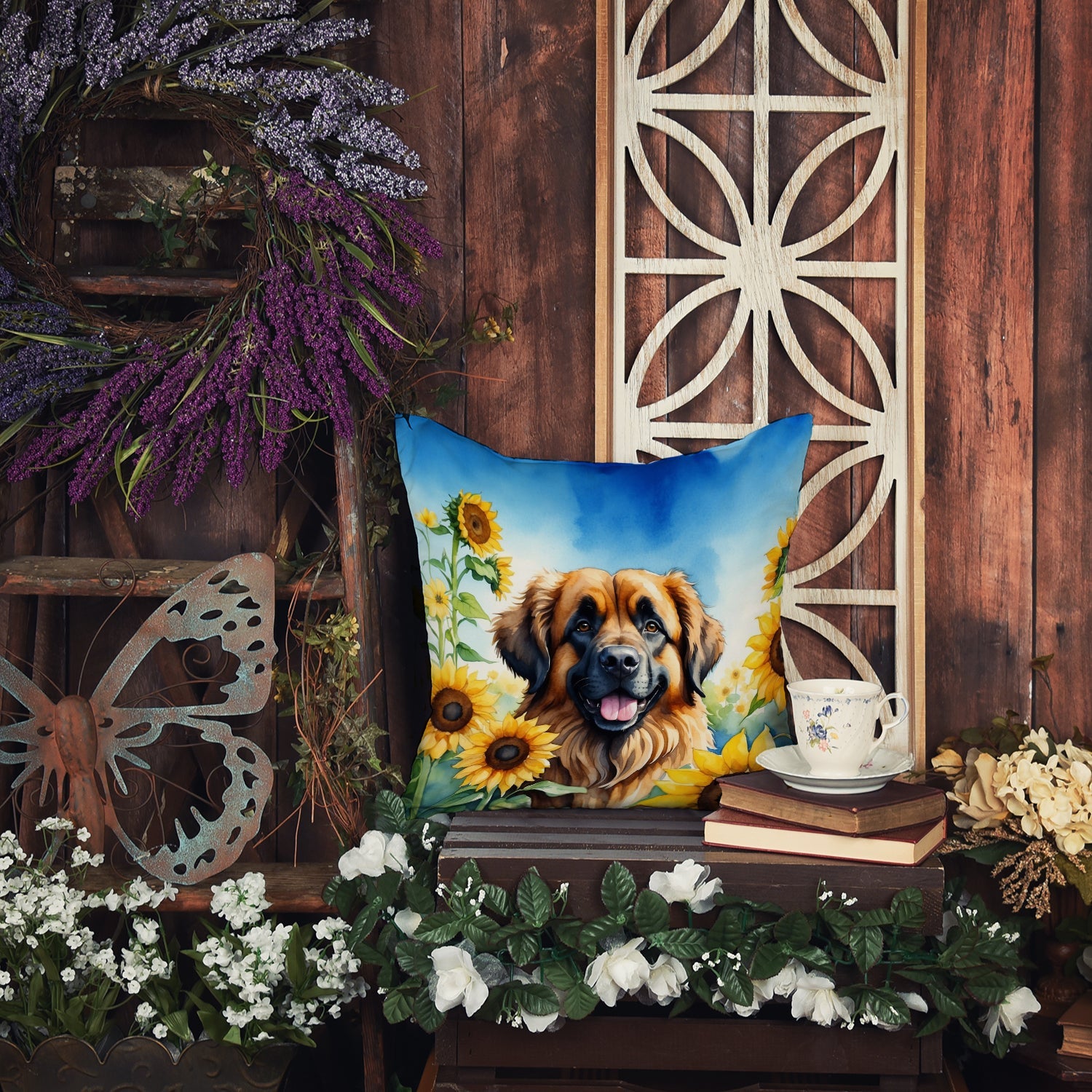 Leonberger in Sunflowers Decorative Throw Pillow 18x18 Indoor Outdoor Accent Cushion, Fabric Cover with Insert for Sofa, Bed, Porch & Living Room