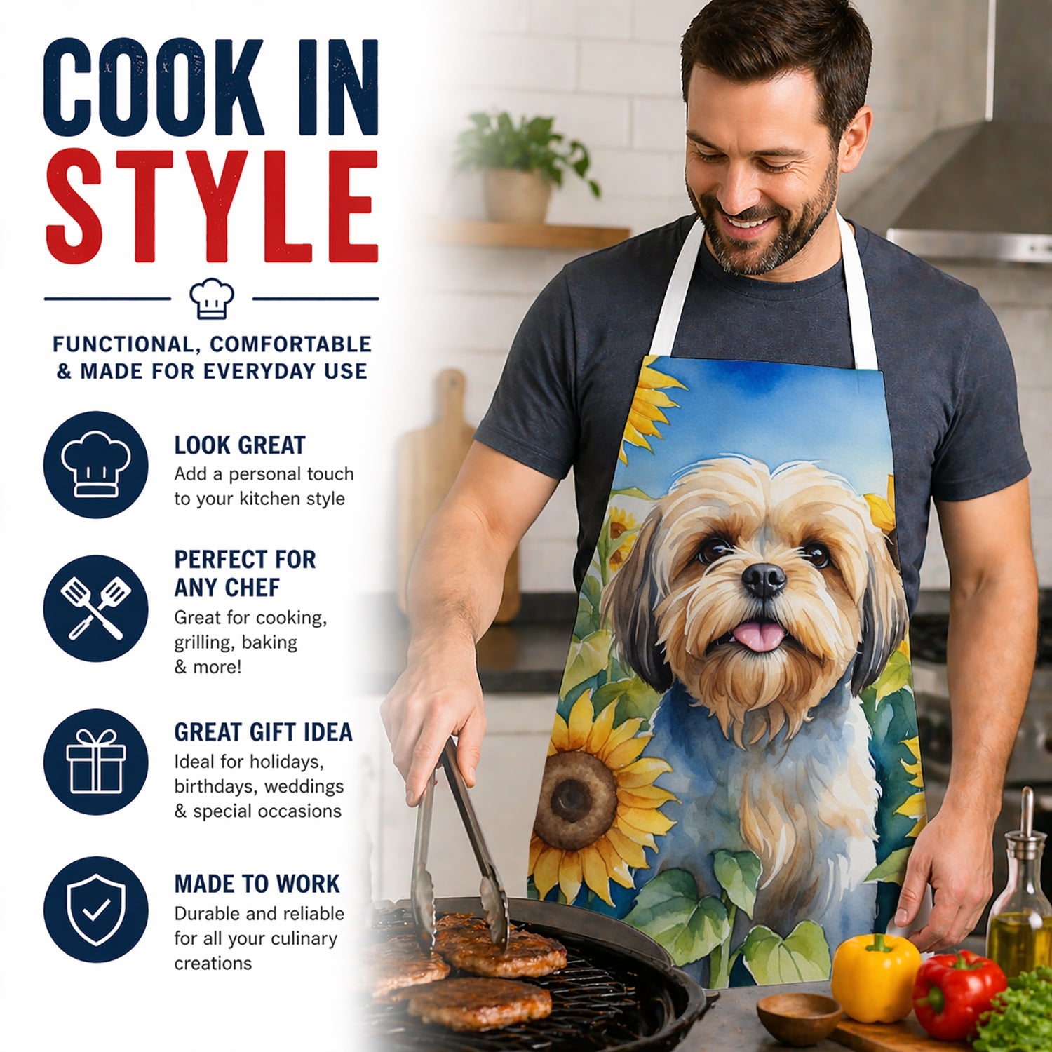 Lhasa Apso in Sunflowers Apron Cooking Kitchen Server Baking Crafts Gardening for Adult Women Men, Unisex, Large, Multicolor