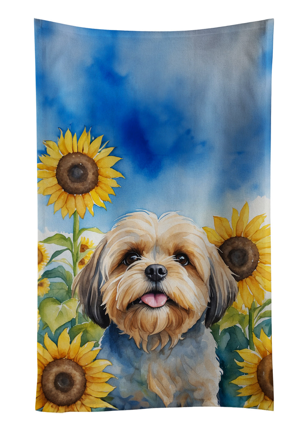 Lhasa Apso in Sunflowers Kitchen Towel Velour Plush Front and Cotton Loop Back Machine Washable