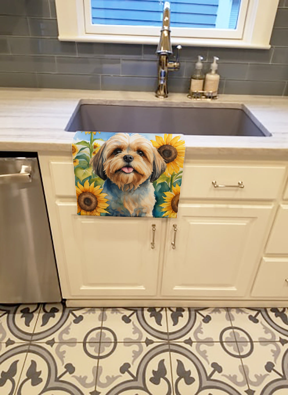 Lhasa Apso in Sunflowers Kitchen Towel Velour Plush Front and Cotton Loop Back Machine Washable
