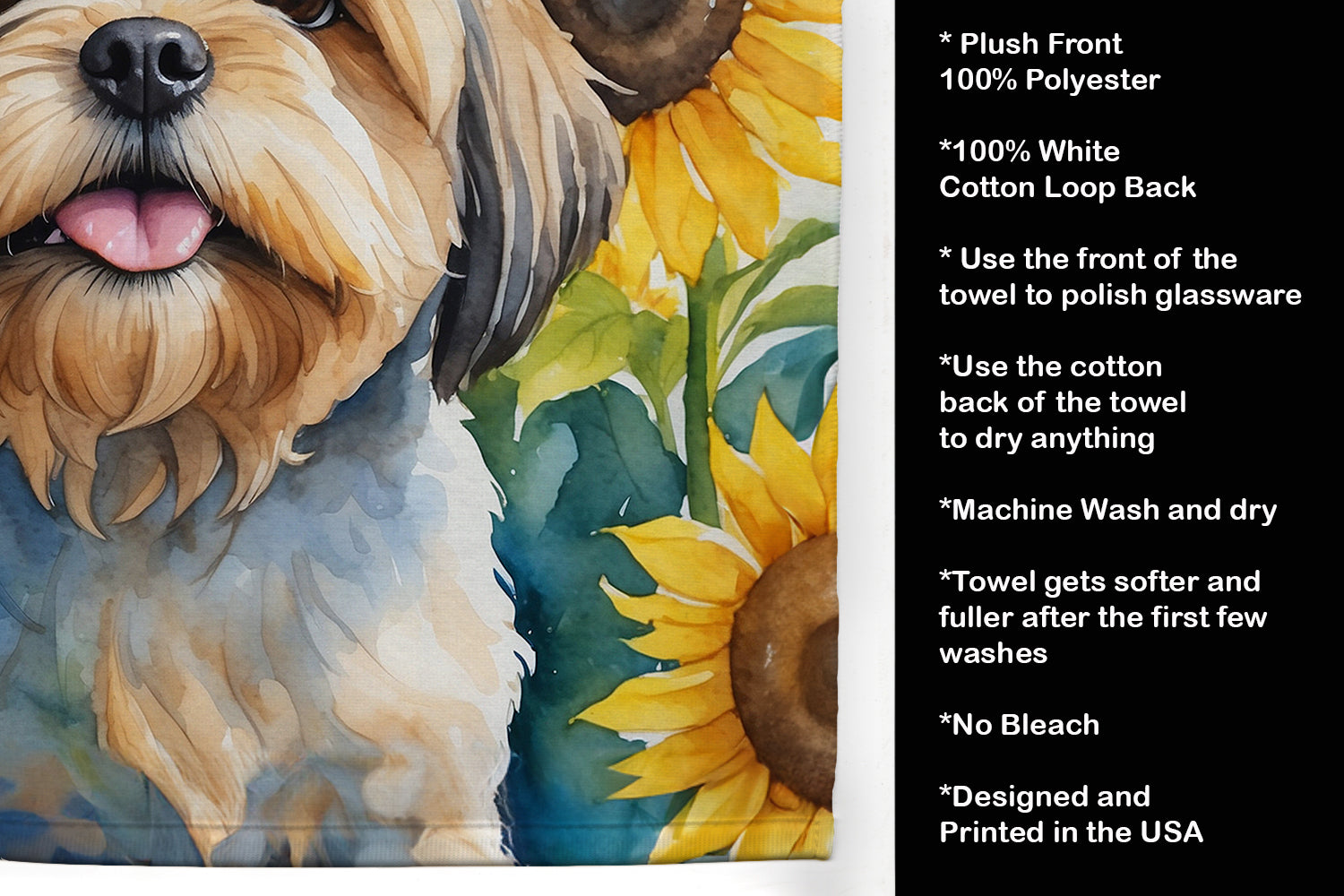 Lhasa Apso in Sunflowers Kitchen Towel Velour Plush Front and Cotton Loop Back Machine Washable