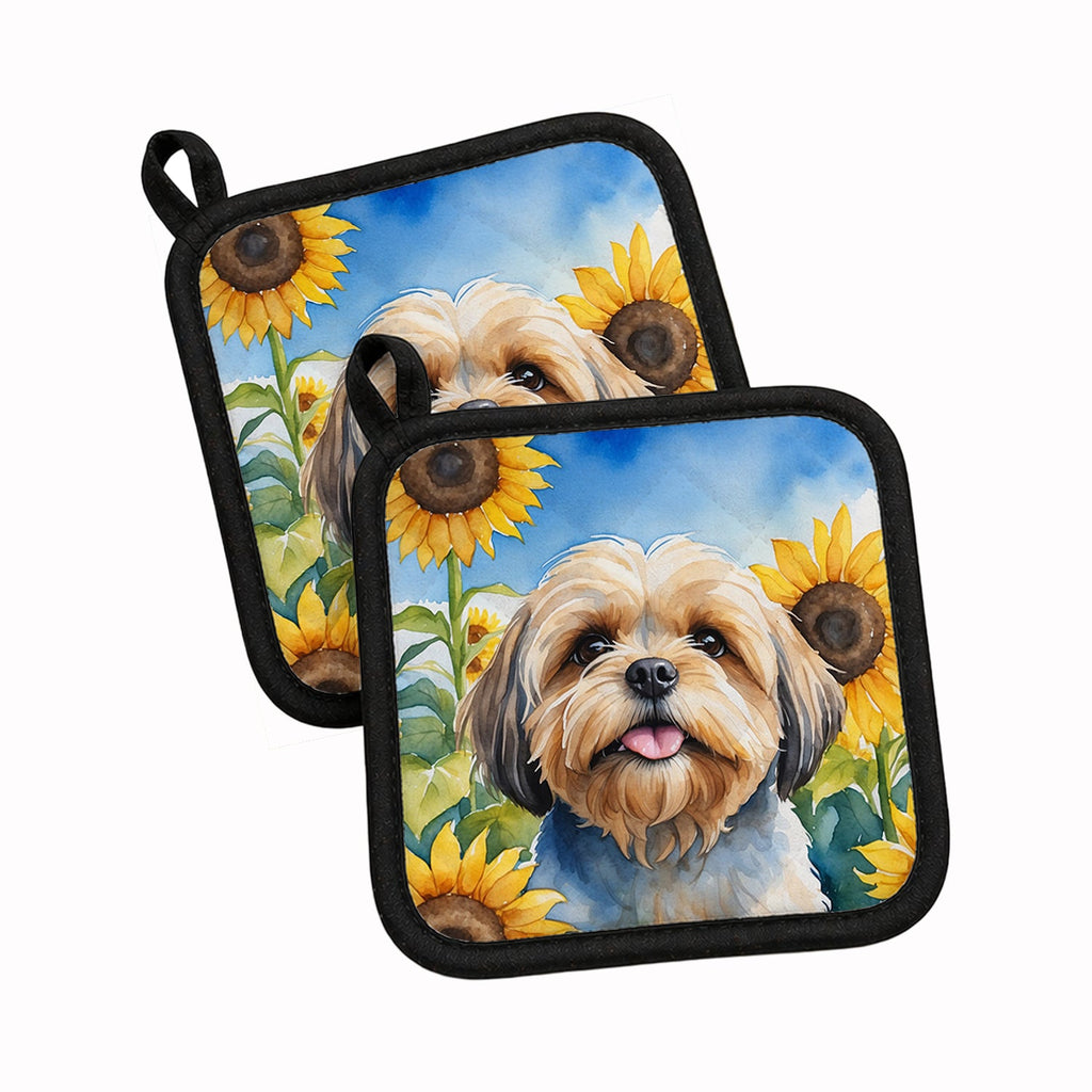 Lhasa Apso in Sunflowers Pot Holder Set of 2 Heat Resistant Quilted Hot Pads 7.5 x 7.5 Inch, Insulated Kitchen Trivets for Cooking & Baking