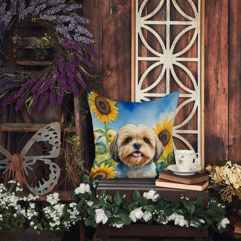 Lhasa Apso in Sunflowers Decorative Throw Pillow 14x14 Indoor Outdoor Accent Cushion, Fabric Cover with Insert for Sofa, Bed, Porch & Living Room