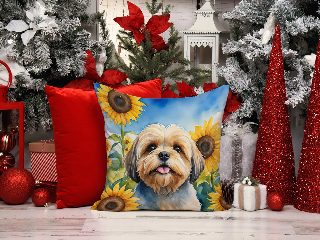 Lhasa Apso in Sunflowers Decorative Throw Pillow 14x14 Indoor Outdoor Accent Cushion, Fabric Cover with Insert for Sofa, Bed, Porch & Living Room