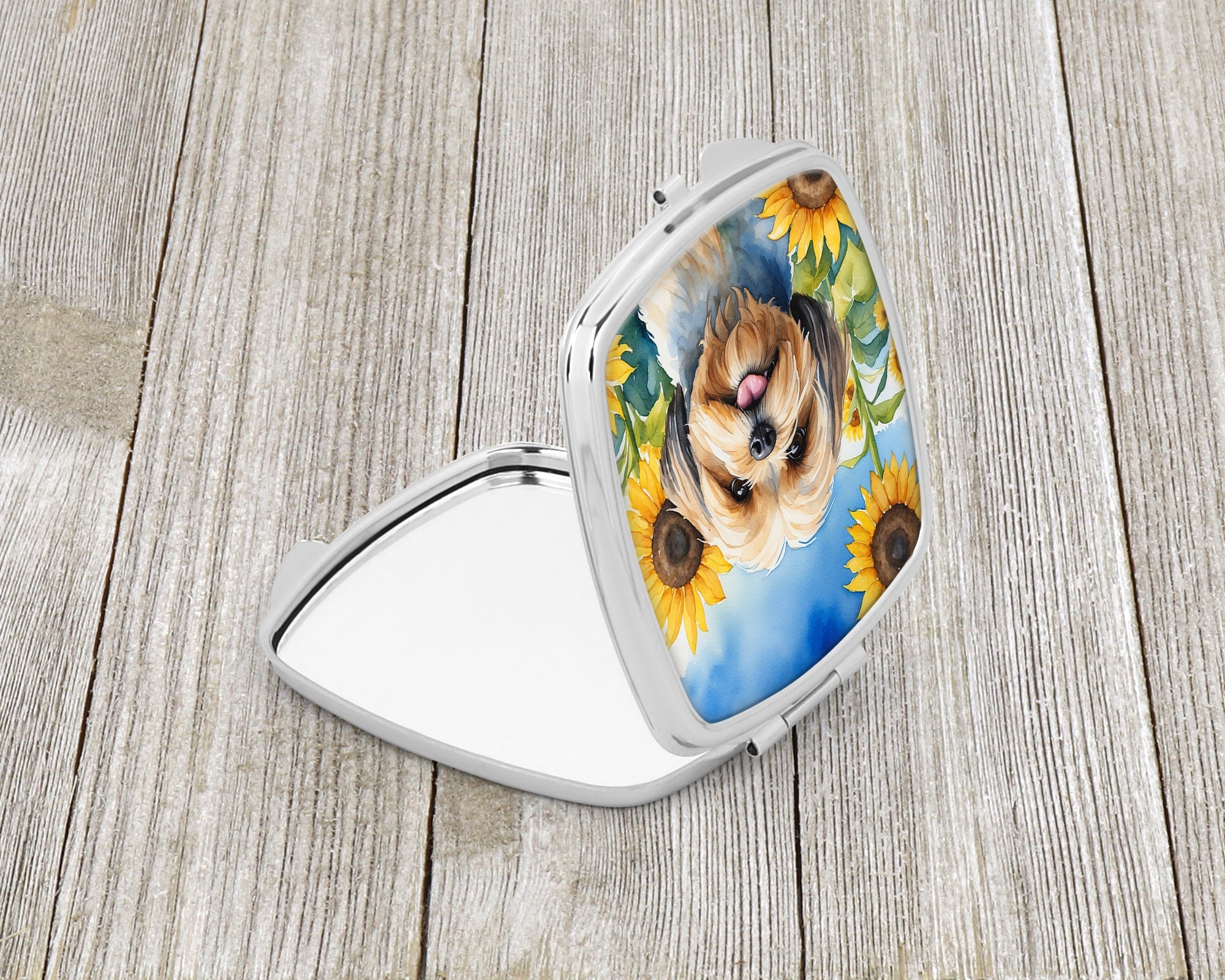 Lhasa Apso in Sunflowers Compact Mirror Decorative Travel Makeup Mirror for Women Girls Gifts Pocket Makeup Mirror Folding Handheld