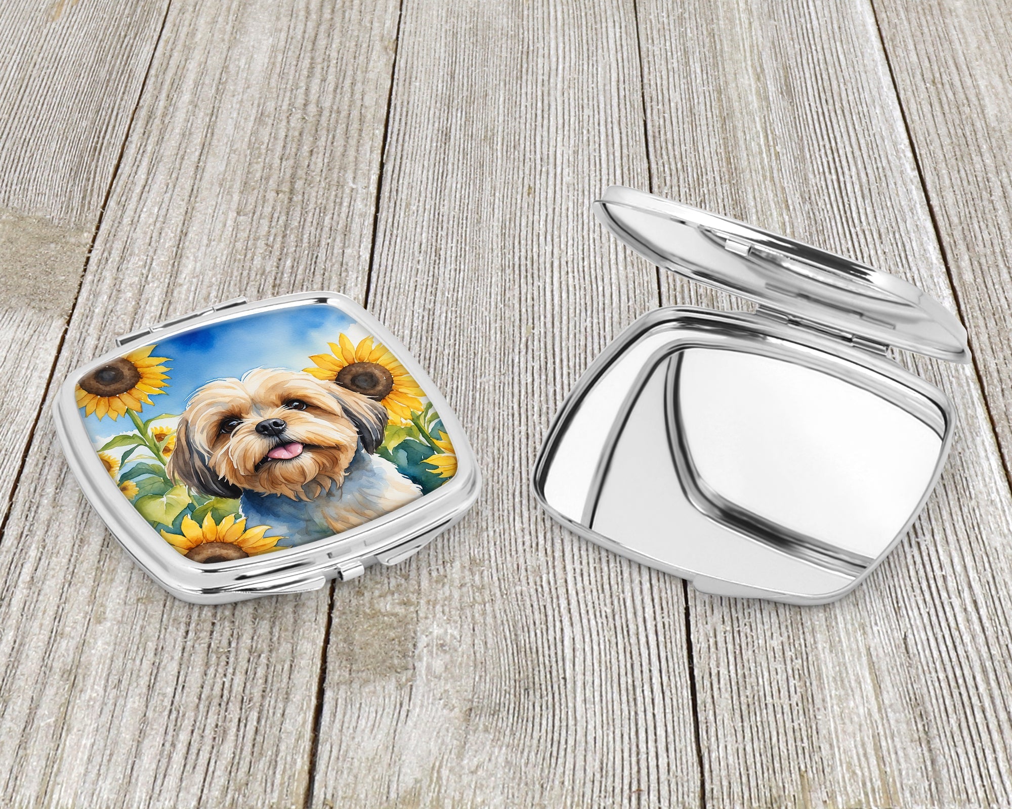 Lhasa Apso in Sunflowers Compact Mirror Decorative Travel Makeup Mirror for Women Girls Gifts Pocket Makeup Mirror Folding Handheld