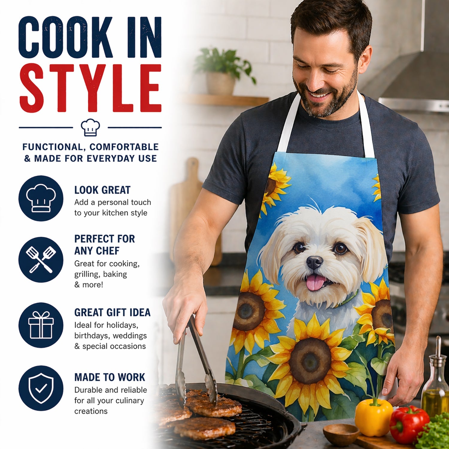 Maltese in Sunflowers Apron Cooking Kitchen Server Baking Crafts Gardening for Adult Women Men, Unisex, Large, Multicolor