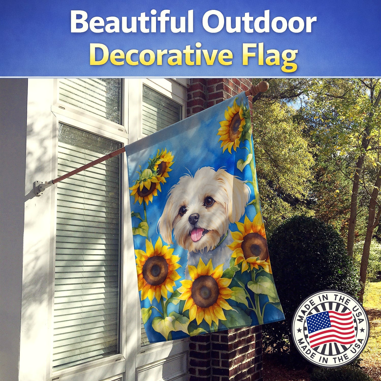 Maltese in Sunflowers House Flag 28x40 Porch Sleeve Pole Decorative Outside Yard Banner Artwork Wall Hanging, Polyester