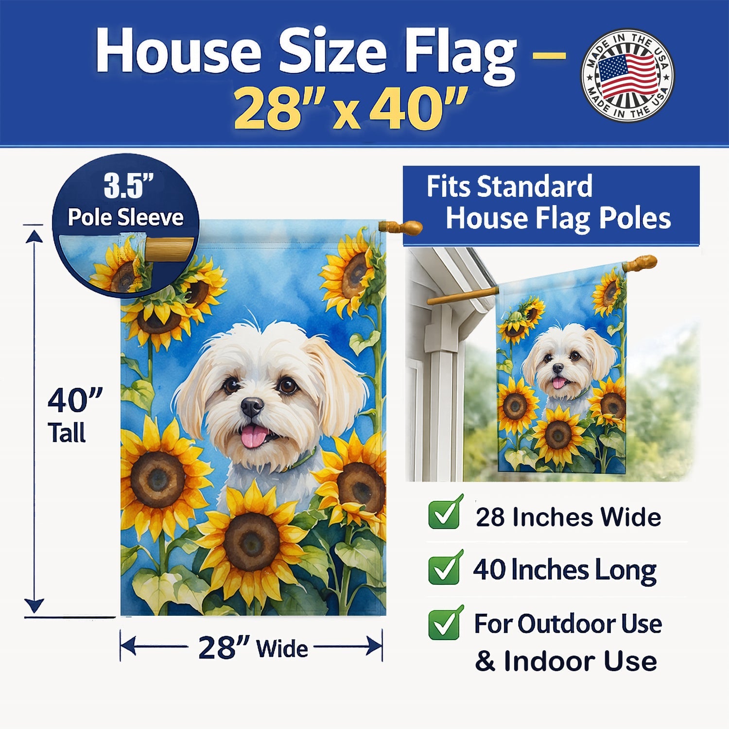Maltese in Sunflowers House Flag 28x40 Porch Sleeve Pole Decorative Outside Yard Banner Artwork Wall Hanging, Polyester