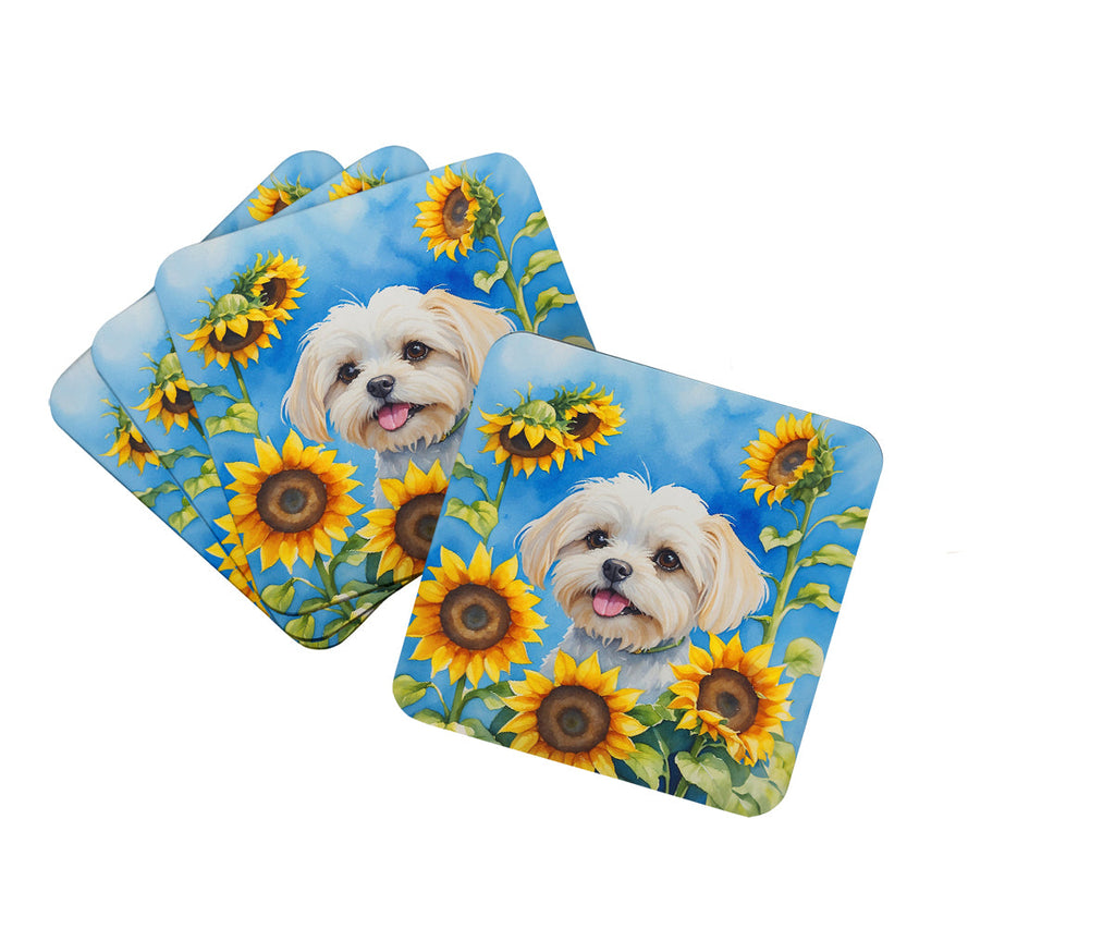 Maltese in Sunflowers Foam Coasters Set of 4 Cup Coasters for Indoor Outdoor, Tabletop Protection, Anti Slip, Mouse pad Material