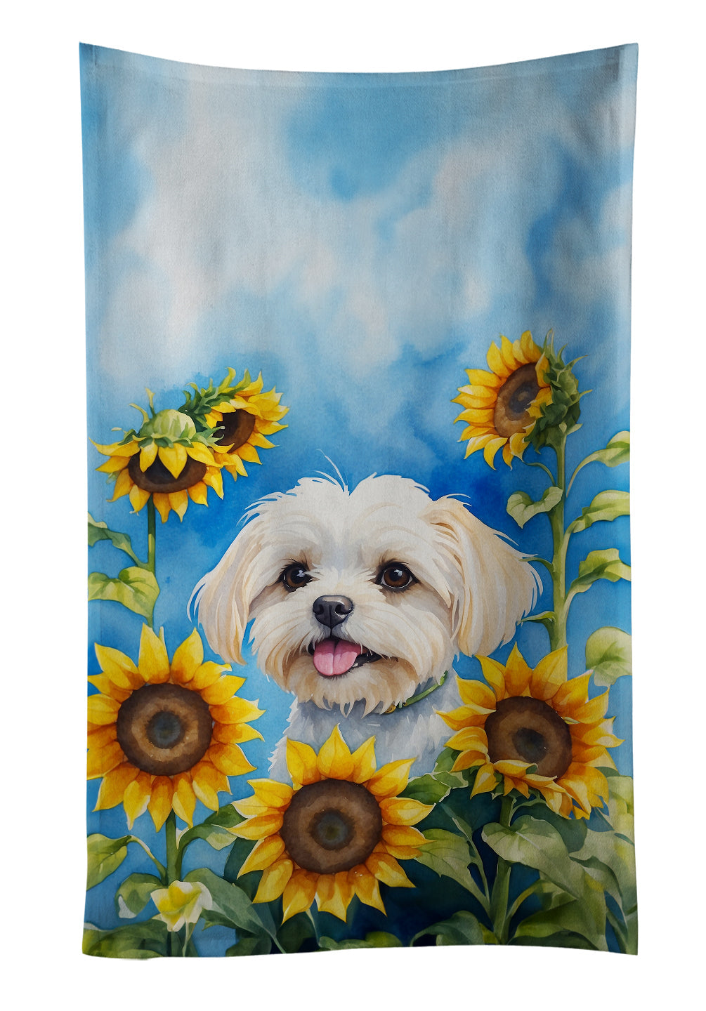 Maltese in Sunflowers Kitchen Towel Velour Plush Front and Cotton Loop Back Machine Washable