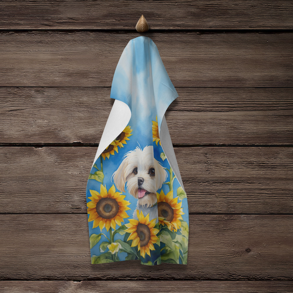 Maltese in Sunflowers Kitchen Towel Velour Plush Front and Cotton Loop Back Machine Washable