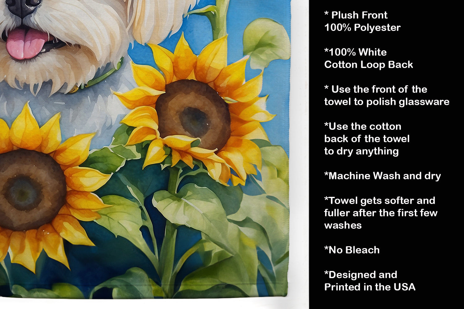 Maltese in Sunflowers Kitchen Towel Velour Plush Front and Cotton Loop Back Machine Washable