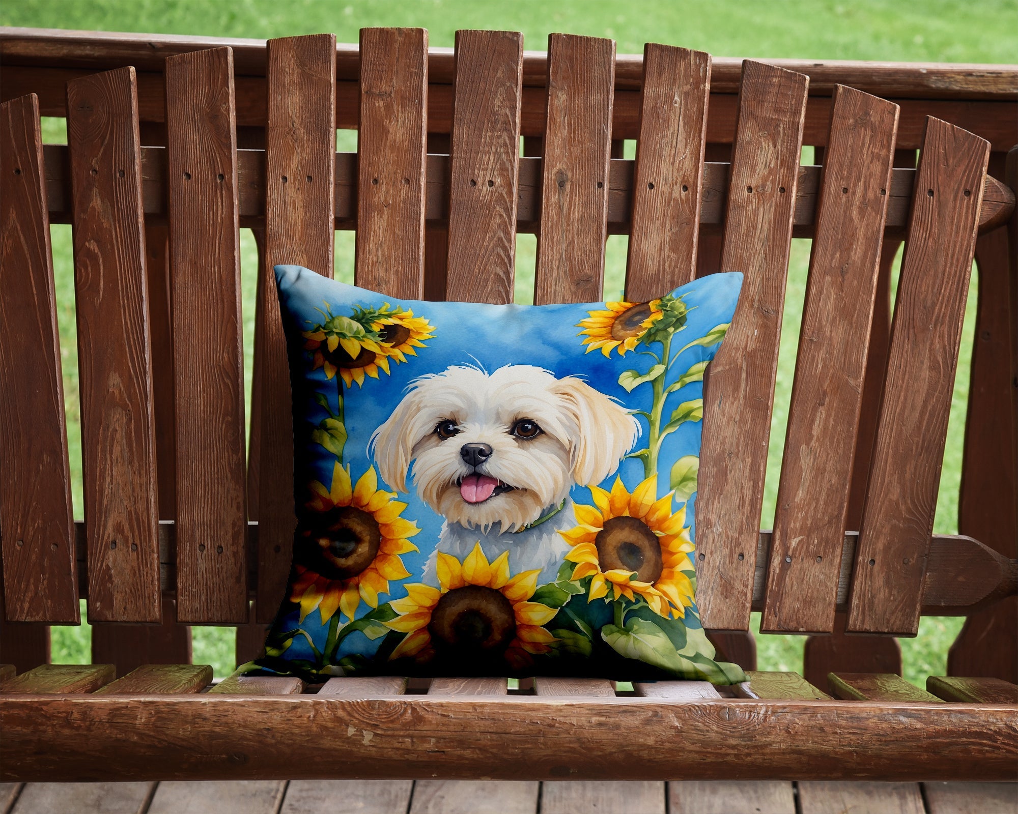 Maltese in Sunflowers Decorative Throw Pillow 14x14 Indoor Outdoor Accent Cushion, Fabric Cover with Insert for Sofa, Bed, Porch & Living Room