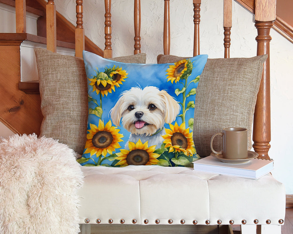Maltese in Sunflowers Decorative Throw Pillow 14x14 Indoor Outdoor Accent Cushion, Fabric Cover with Insert for Sofa, Bed, Porch & Living Room