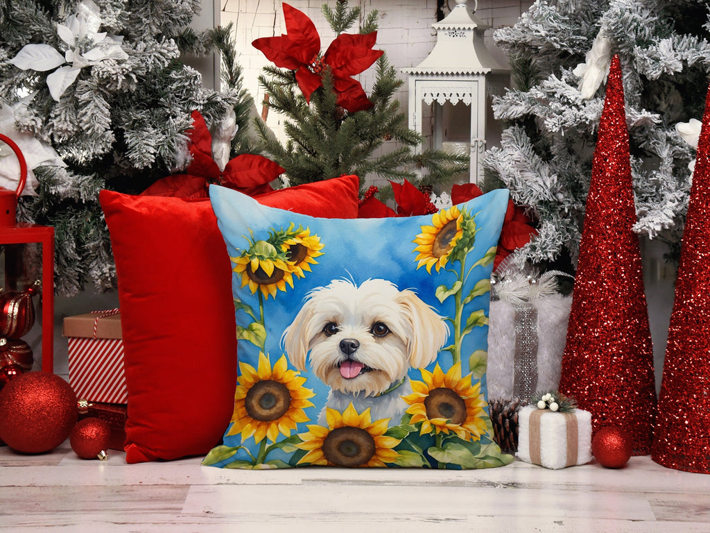 Maltese in Sunflowers Decorative Throw Pillow 14x14 Indoor Outdoor Accent Cushion, Fabric Cover with Insert for Sofa, Bed, Porch & Living Room