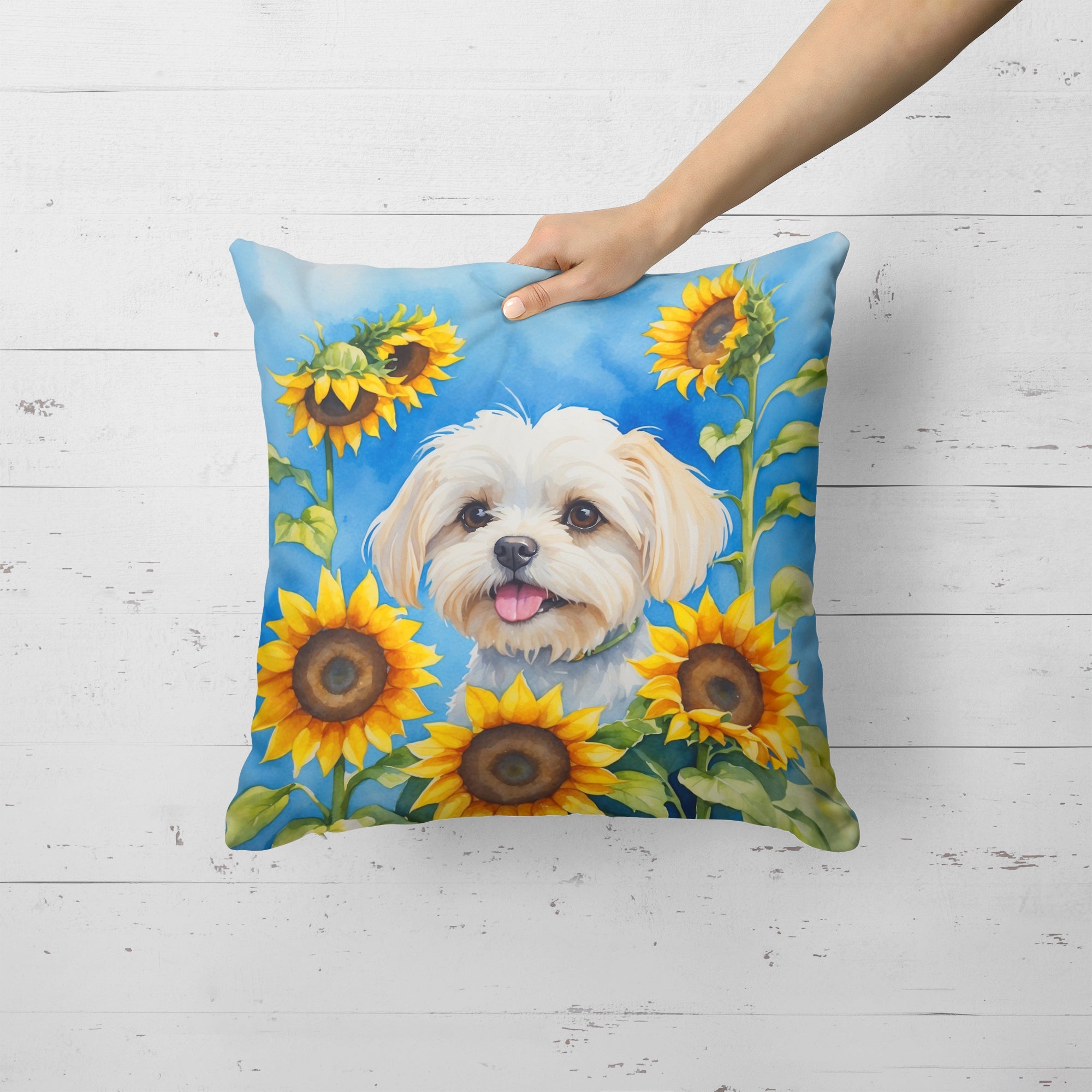 Maltese in Sunflowers Decorative Throw Pillow 18x18 Indoor Outdoor Accent Cushion, Fabric Cover with Insert for Sofa, Bed, Porch & Living Room