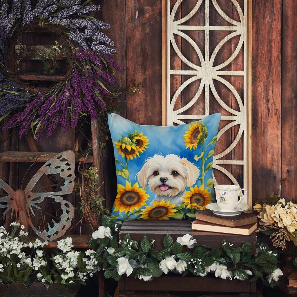 Maltese in Sunflowers Decorative Throw Pillow 18x18 Indoor Outdoor Accent Cushion, Fabric Cover with Insert for Sofa, Bed, Porch & Living Room