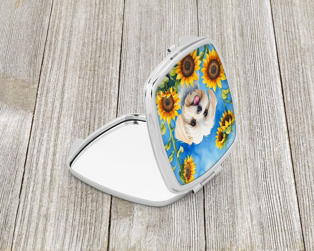 Maltese in Sunflowers Compact Mirror Decorative Travel Makeup Mirror for Women Girls Gifts Pocket Makeup Mirror Folding Handheld