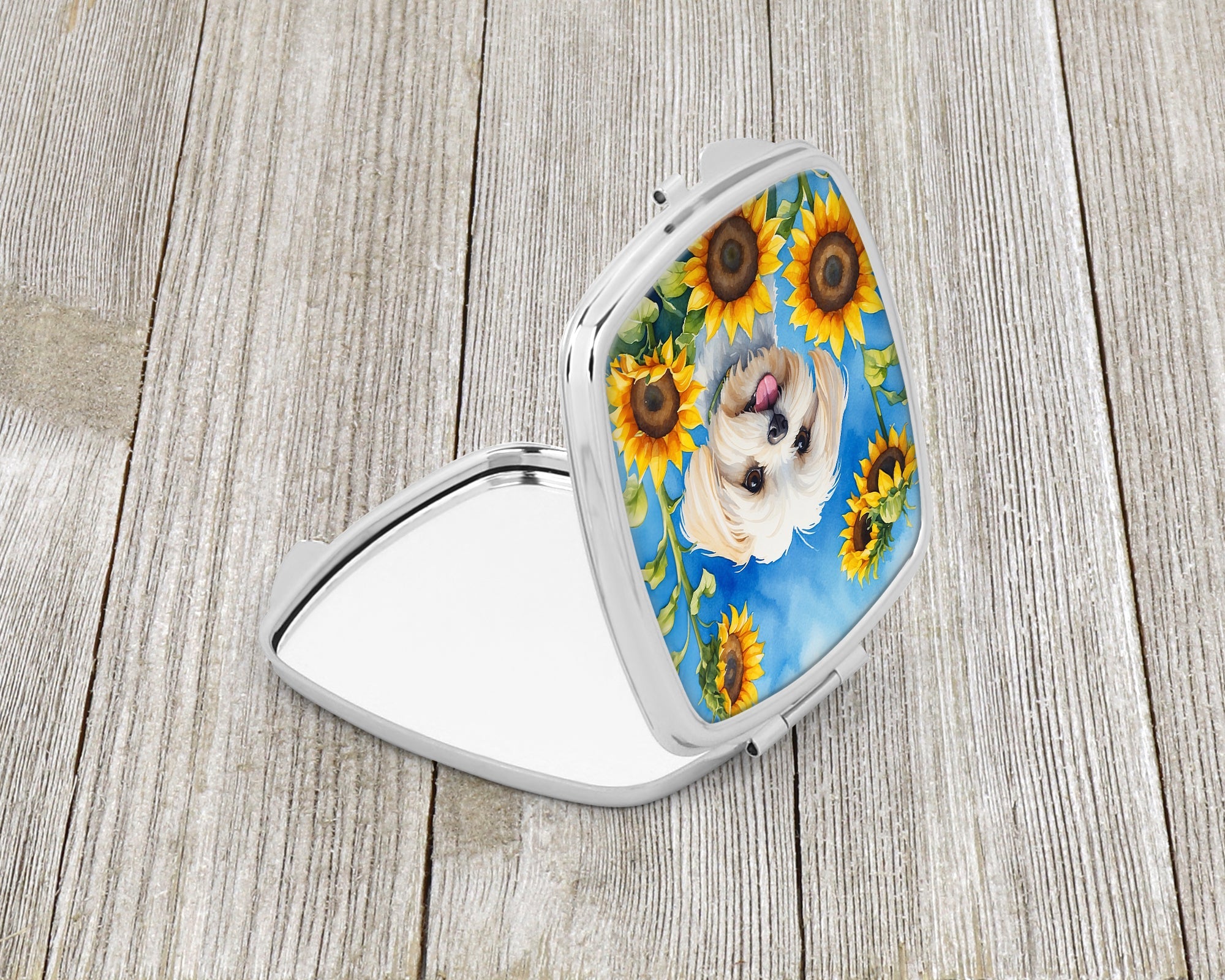 Maltese in Sunflowers Compact Mirror Decorative Travel Makeup Mirror for Women Girls Gifts Pocket Makeup Mirror Folding Handheld