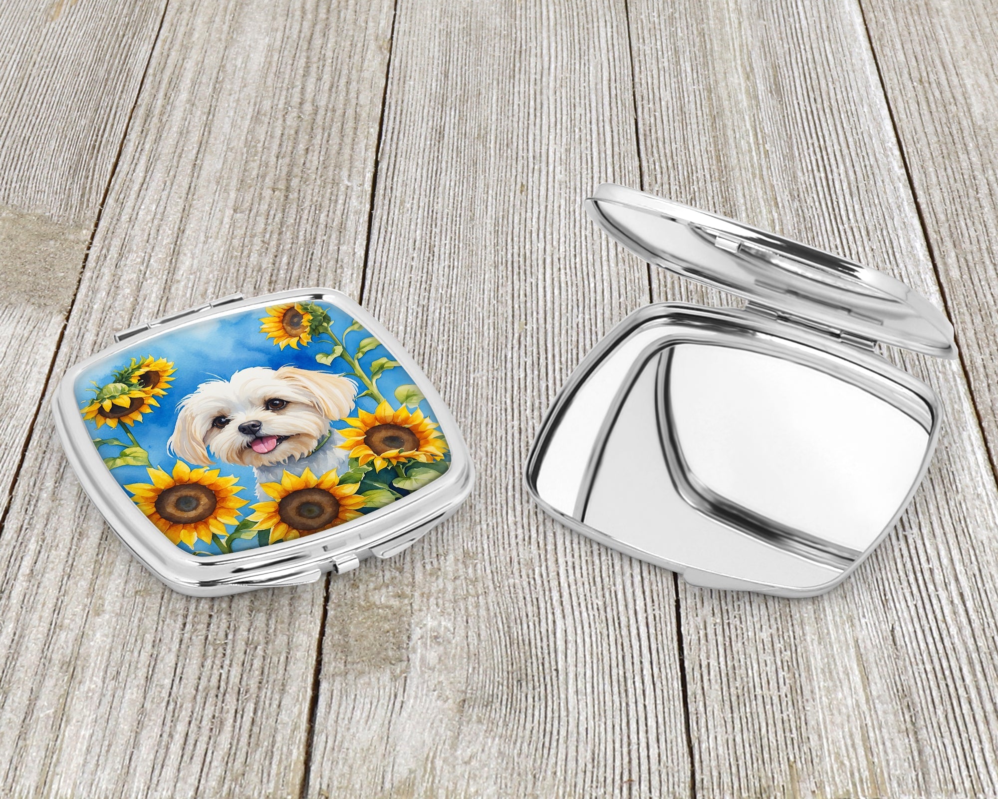 Maltese in Sunflowers Compact Mirror Decorative Travel Makeup Mirror for Women Girls Gifts Pocket Makeup Mirror Folding Handheld