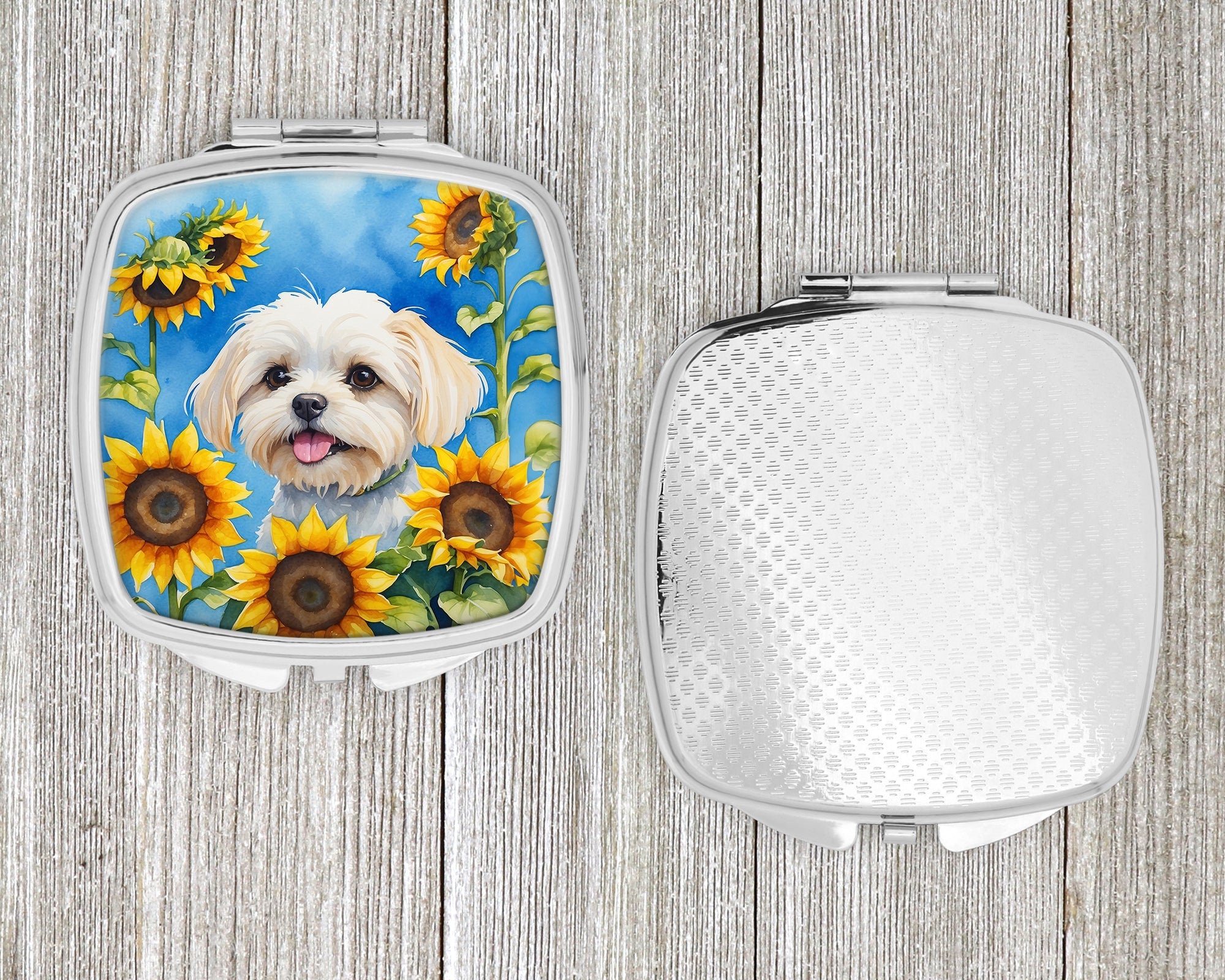 Maltese in Sunflowers Compact Mirror Decorative Travel Makeup Mirror for Women Girls Gifts Pocket Makeup Mirror Folding Handheld