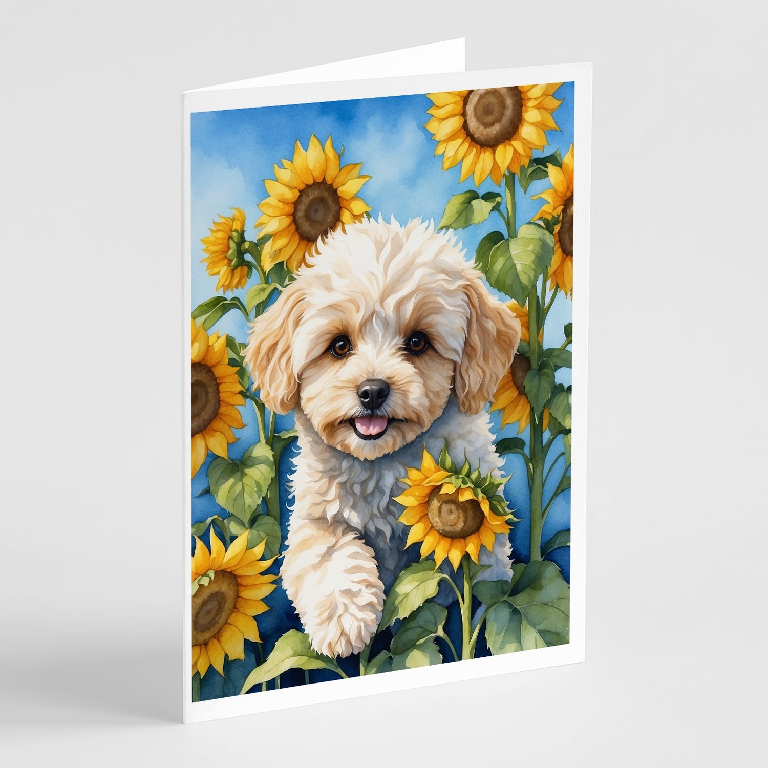 Maltipoo in Sunflowers Greeting Cards Pack of 8 Blank Cards with Envelopes Whimsical A7 Size 5x7