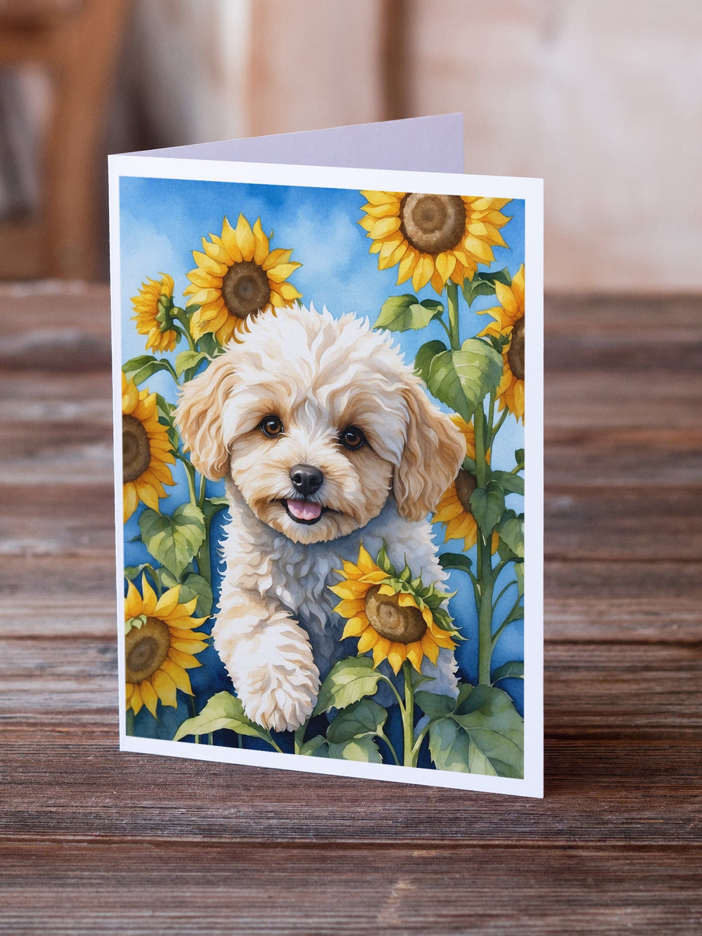 Maltipoo in Sunflowers Greeting Cards Pack of 8 Blank Cards with Envelopes Whimsical A7 Size 5x7