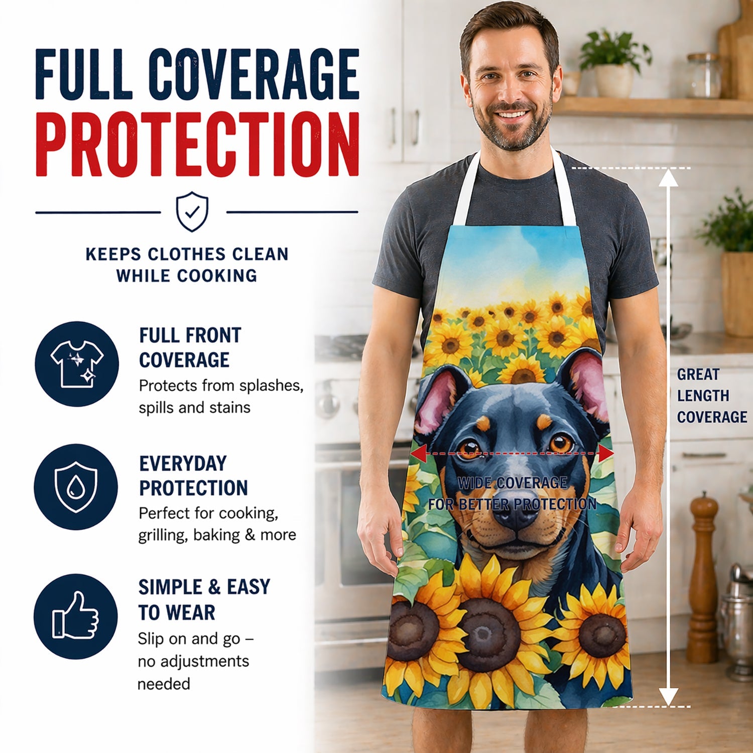 Manchester Terrier in Sunflowers Apron Cooking Kitchen Server Baking Crafts Gardening for Adult Women Men, Unisex, Large, Multicolor