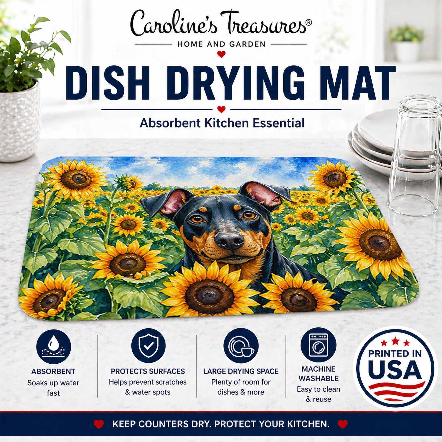 Manchester Terrier in Sunflowers Dish Drying Mat Absorbent Dish Drying Mat Pad for Kitchen Counter Dish Drainer Mat for Countertop, 14 x 21", Multicolor