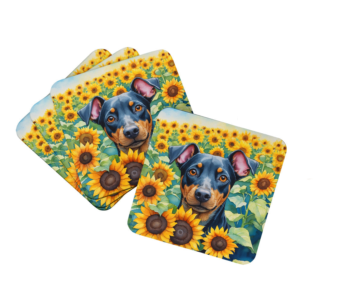 Manchester Terrier in Sunflowers Foam Coasters Set of 4 Cup Coasters for Indoor Outdoor, Tabletop Protection, Anti Slip, Mouse pad Material