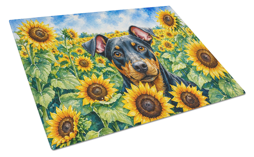 Manchester Terrier in Sunflowers Cutting Board Tempered Glass Kitchen Cutting Surface, Heat Resistant Chopping Board with Non-Slip Feet, Decorative Food Prep & Serving