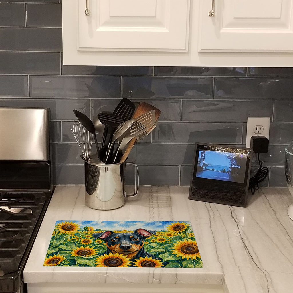 Manchester Terrier in Sunflowers Cutting Board Tempered Glass Kitchen Cutting Surface, Heat Resistant Chopping Board with Non-Slip Feet, Decorative Food Prep & Serving