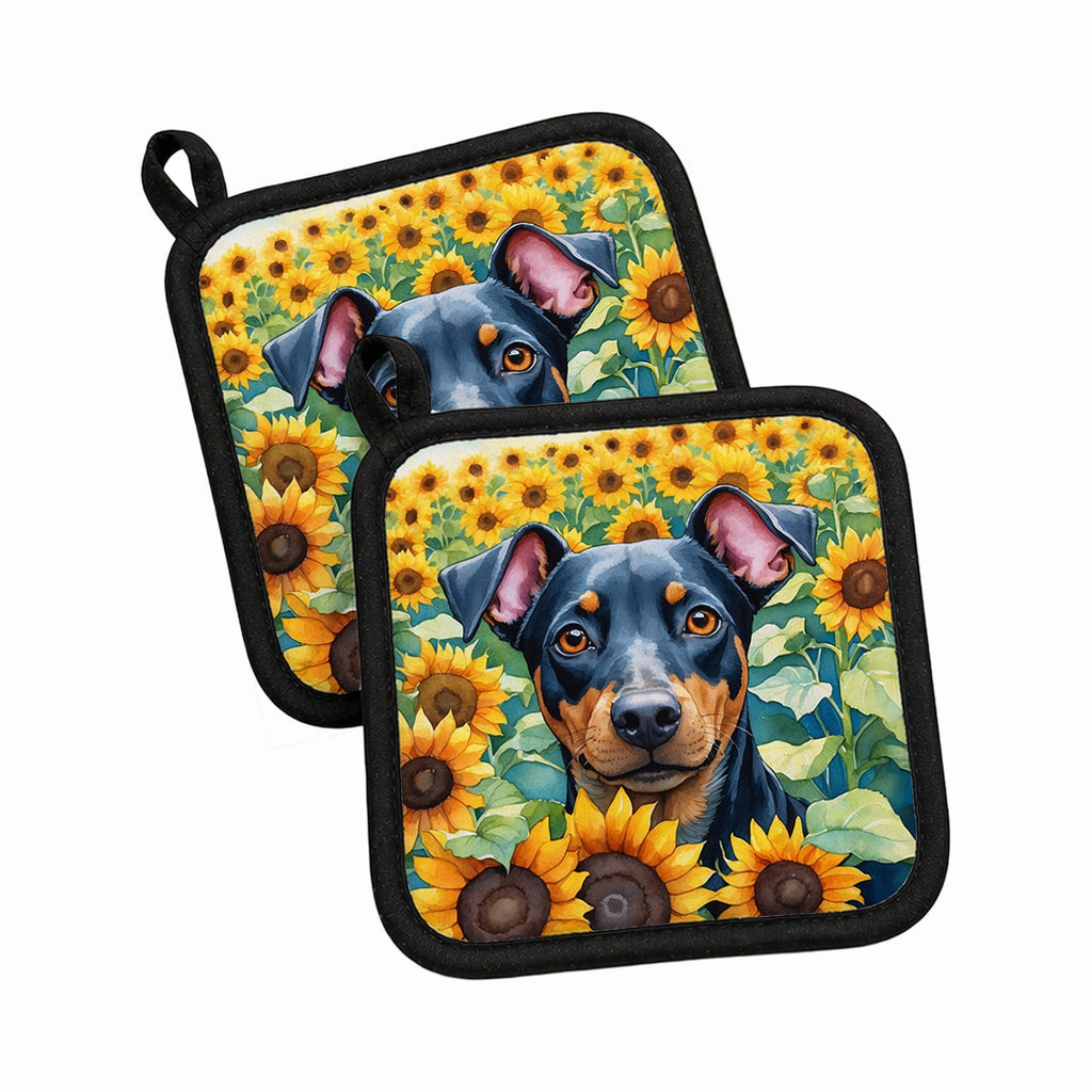 Manchester Terrier in Sunflowers Pot Holder Set of 2 Heat Resistant Quilted Hot Pads 7.5 x 7.5 Inch, Insulated Kitchen Trivets for Cooking & Baking