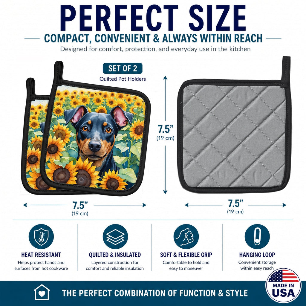Manchester Terrier in Sunflowers Pot Holder Set of 2 Heat Resistant Quilted Hot Pads 7.5 x 7.5 Inch, Insulated Kitchen Trivets for Cooking & Baking