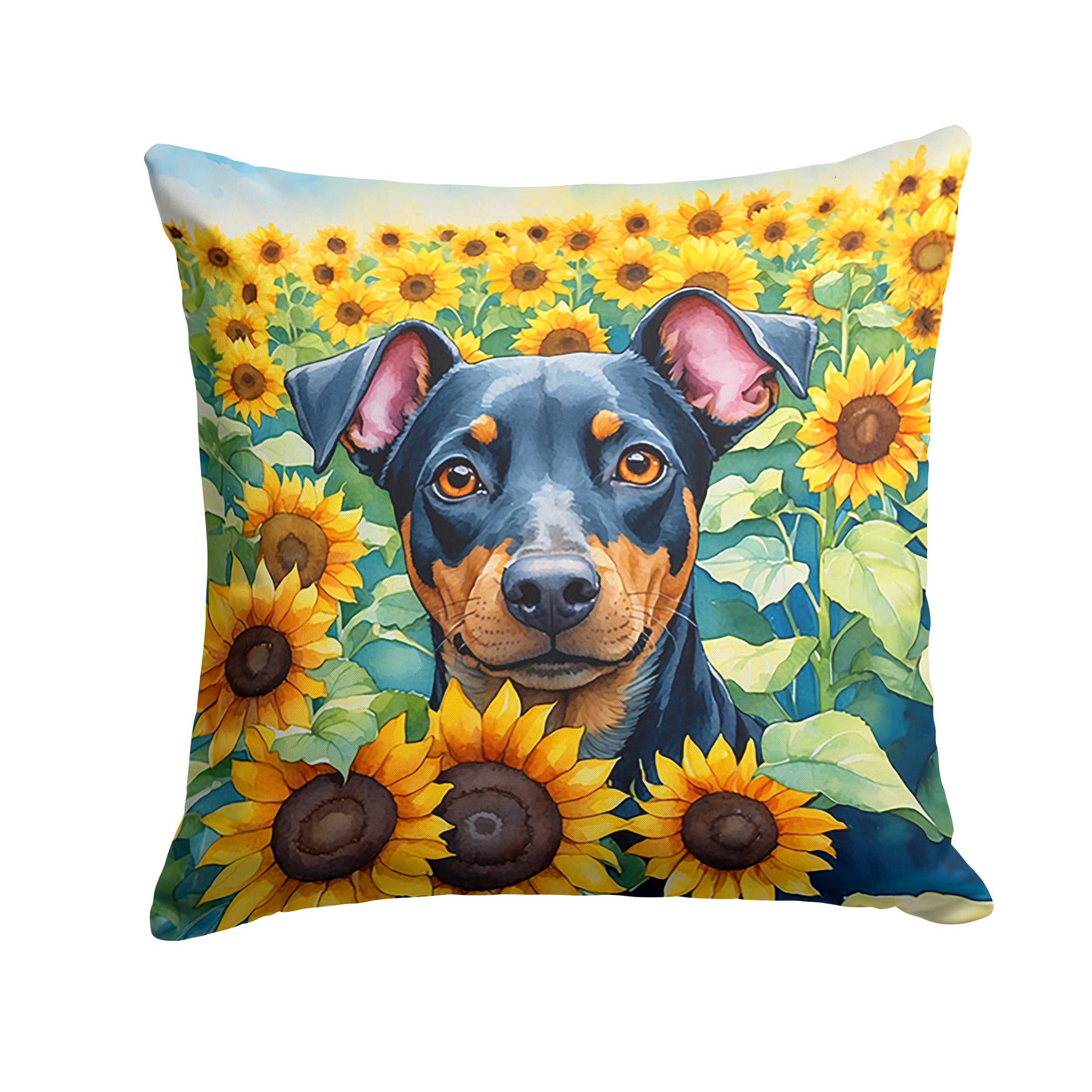 Manchester Terrier in Sunflowers Decorative Throw Pillow 14x14 Indoor Outdoor Accent Cushion, Fabric Cover with Insert for Sofa, Bed, Porch & Living Room