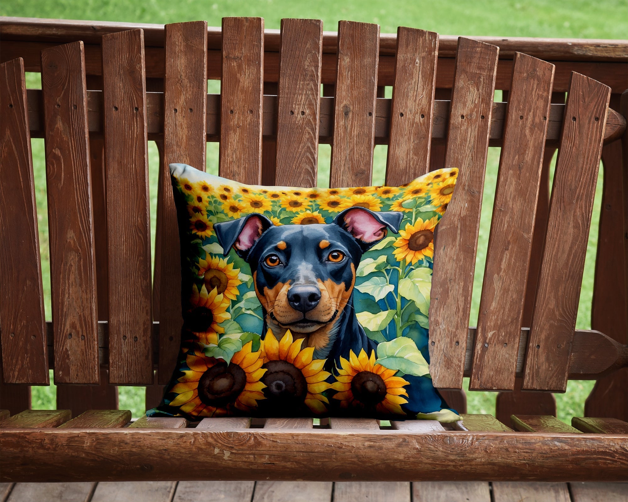 Manchester Terrier in Sunflowers Decorative Throw Pillow 14x14 Indoor Outdoor Accent Cushion, Fabric Cover with Insert for Sofa, Bed, Porch & Living Room