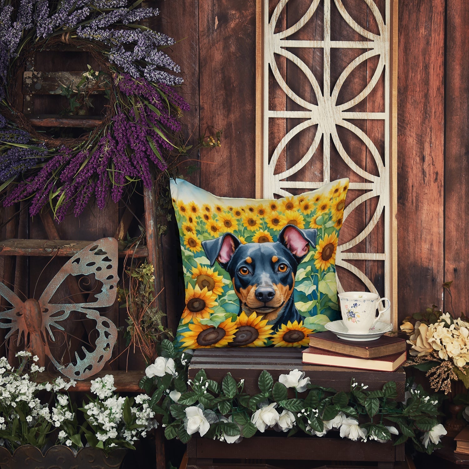 Manchester Terrier in Sunflowers Decorative Throw Pillow 18x18 Indoor Outdoor Accent Cushion, Fabric Cover with Insert for Sofa, Bed, Porch & Living Room
