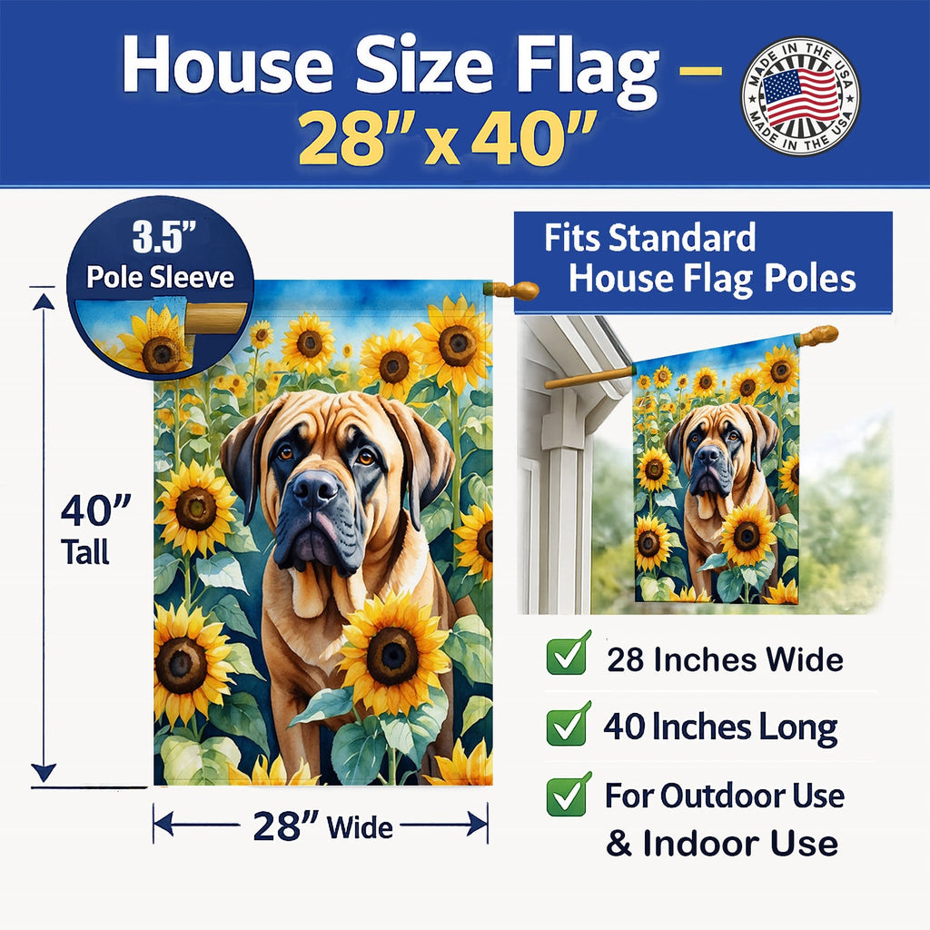 Mastiff in Sunflowers House Flag 28x40 Porch Sleeve Pole Decorative Outside Yard Banner Artwork Wall Hanging, Polyester