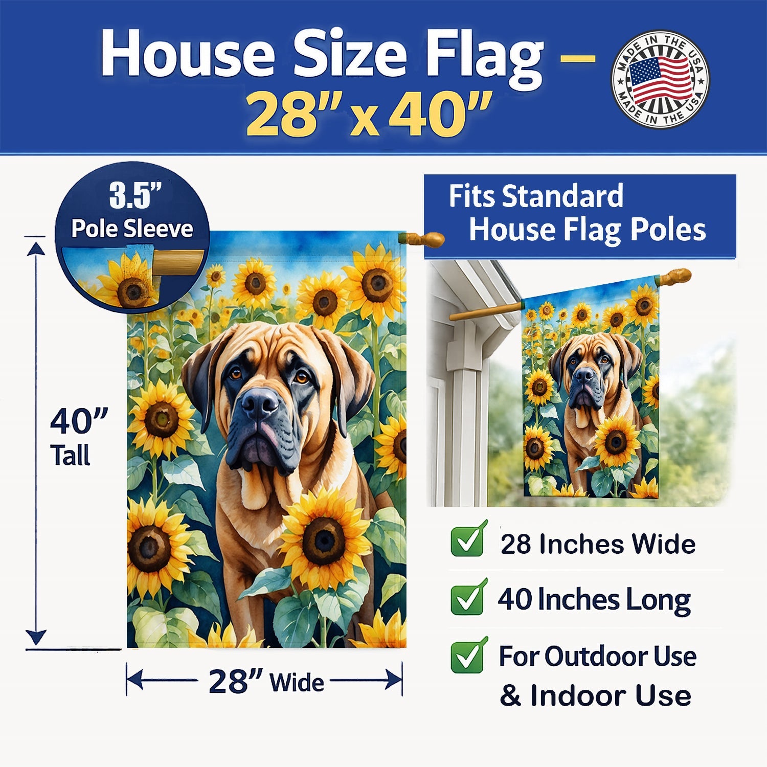 Mastiff in Sunflowers House Flag 28x40 Porch Sleeve Pole Decorative Outside Yard Banner Artwork Wall Hanging, Polyester