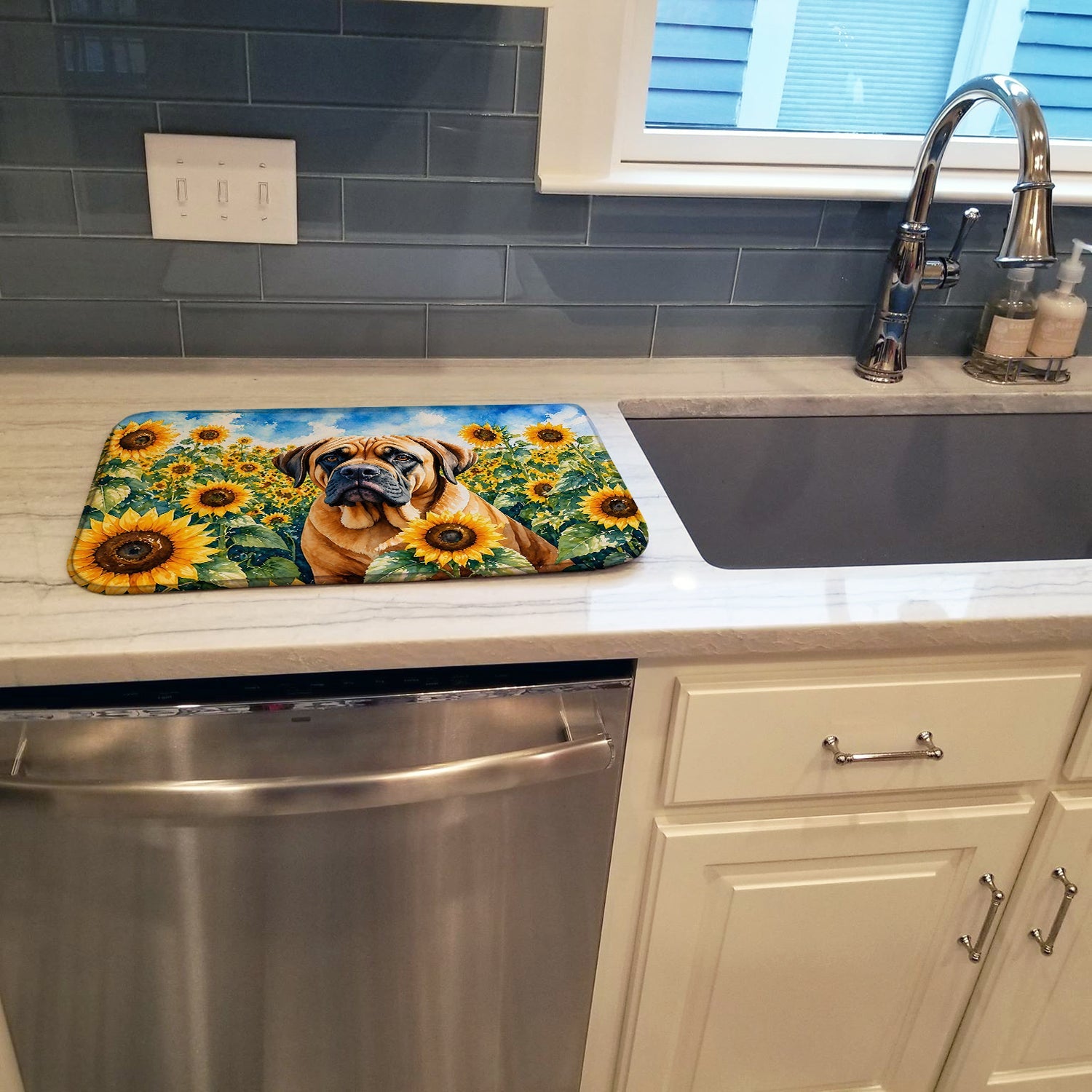 Mastiff in Sunflowers Dish Drying Mat Absorbent Dish Drying Mat Pad for Kitchen Counter Dish Drainer Mat for Countertop, 14 x 21", Multicolor