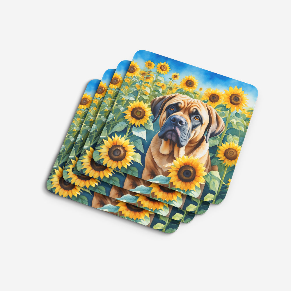 Mastiff in Sunflowers Foam Coasters Set of 4 Cup Coasters for Indoor Outdoor, Tabletop Protection, Anti Slip, Mouse pad Material