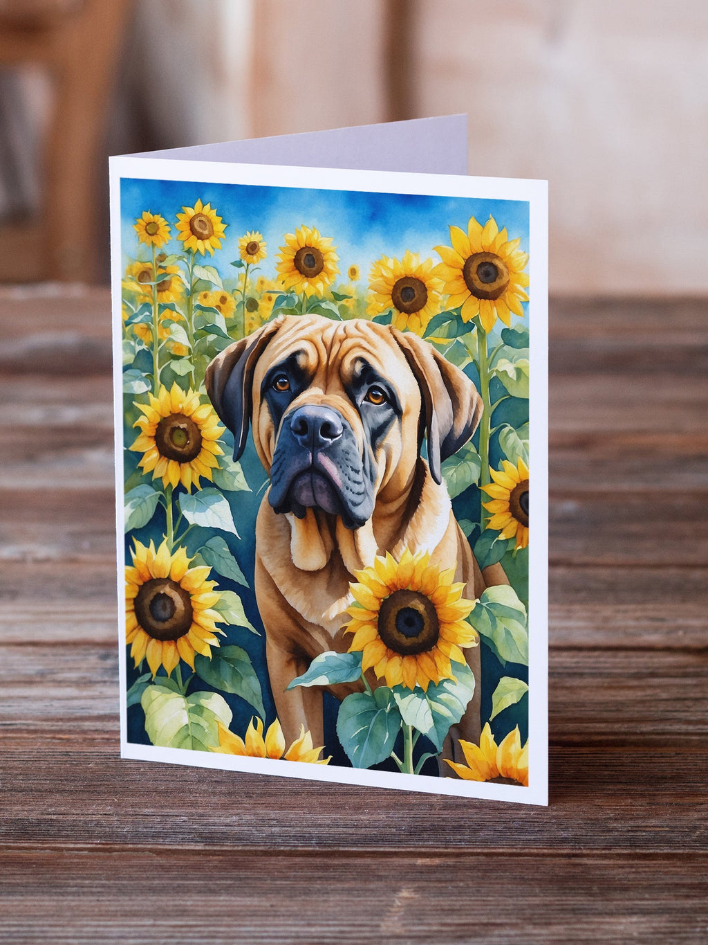 Mastiff in Sunflowers Greeting Cards Pack of 8 Blank Cards with Envelopes Whimsical A7 Size 5x7