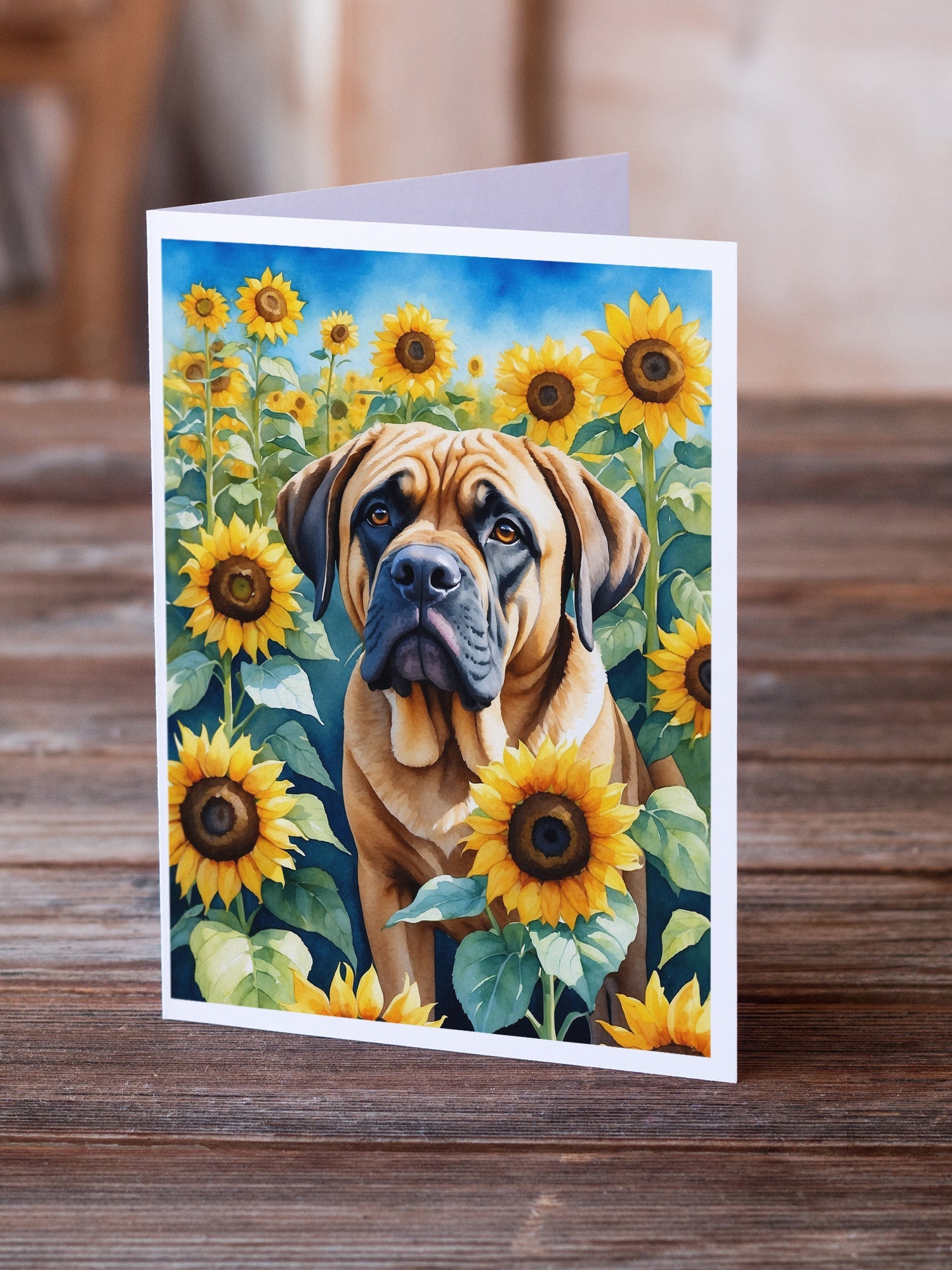 Mastiff in Sunflowers Greeting Cards Pack of 8 Blank Cards with Envelopes Whimsical A7 Size 5x7