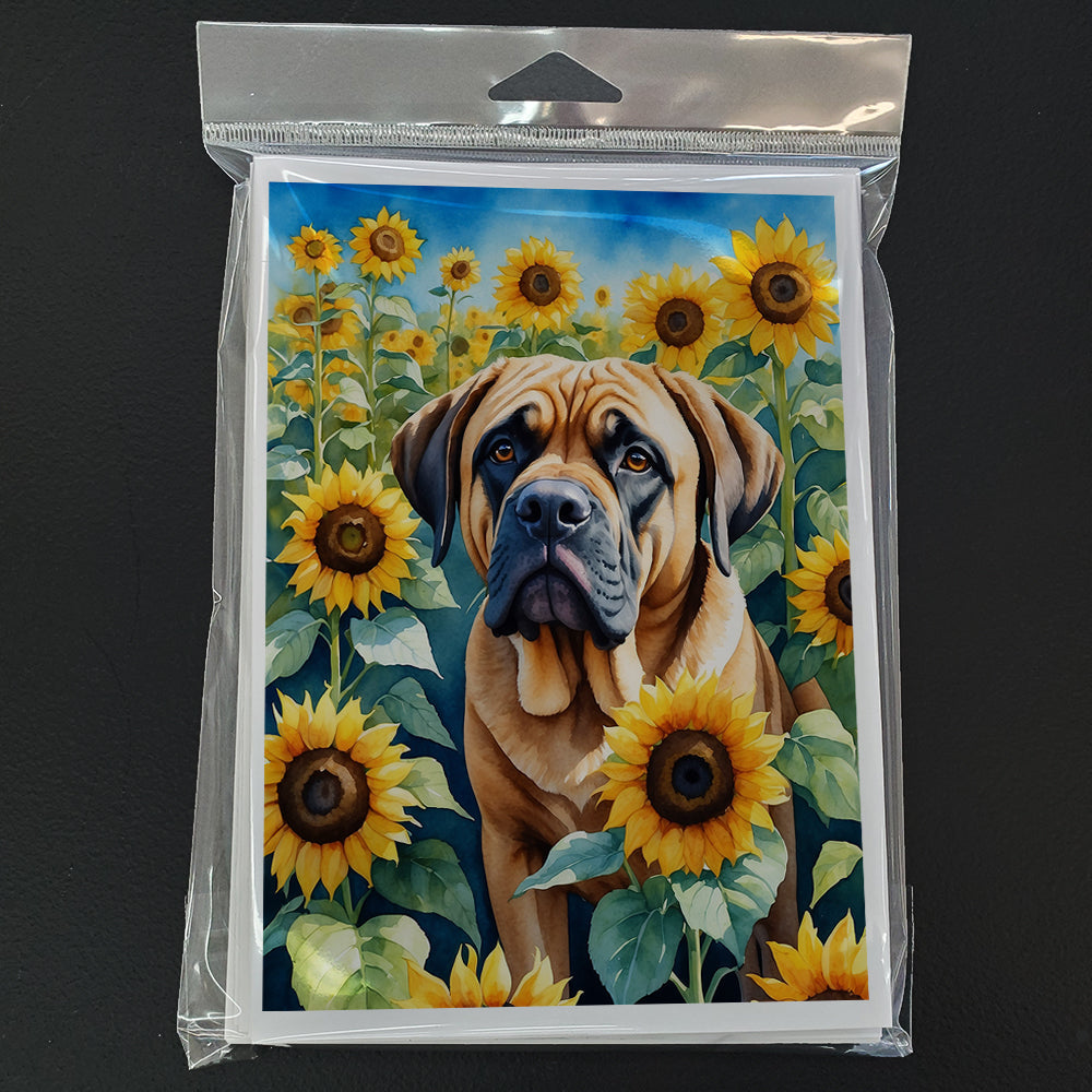 Mastiff in Sunflowers Greeting Cards Pack of 8 Blank Cards with Envelopes Whimsical A7 Size 5x7
