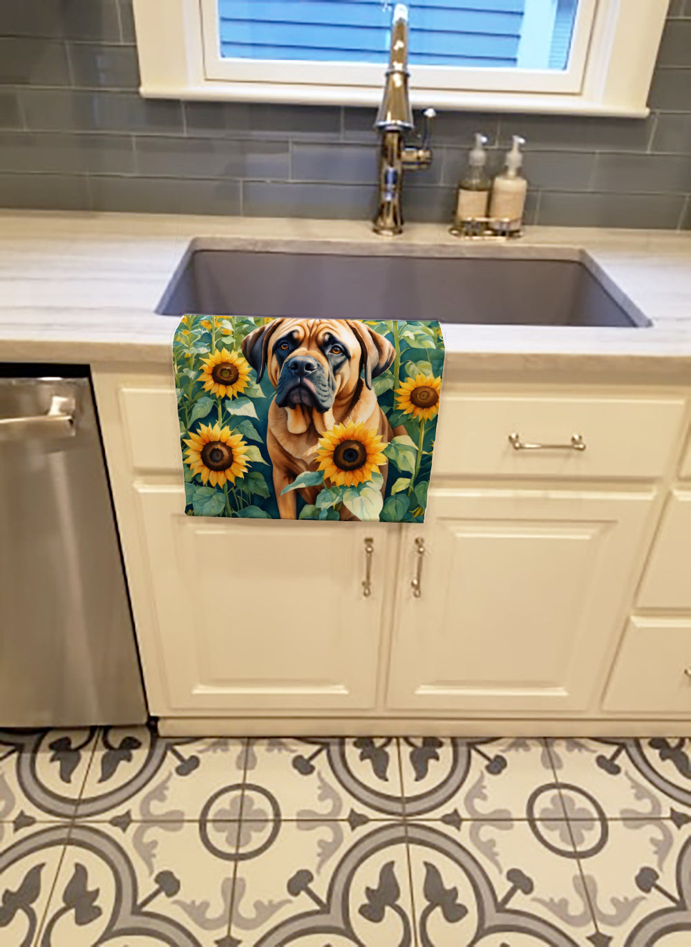 Mastiff in Sunflowers Kitchen Towel Velour Plush Front and Cotton Loop Back Machine Washable