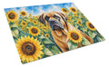 Mastiff in Sunflowers Cutting Board Tempered Glass Kitchen Cutting Surface, Heat Resistant Chopping Board with Non-Slip Feet, Decorative Food Prep & Serving