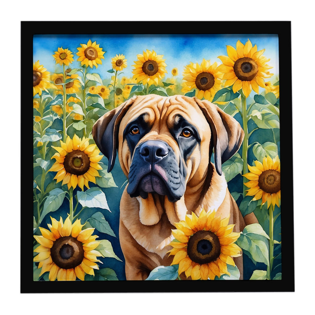 Mastiff in Sunflowers Framed Metal Print Bathroom, Kitchen, Office, Home Decor Wall Art Ready to Hang, Square, 8X8