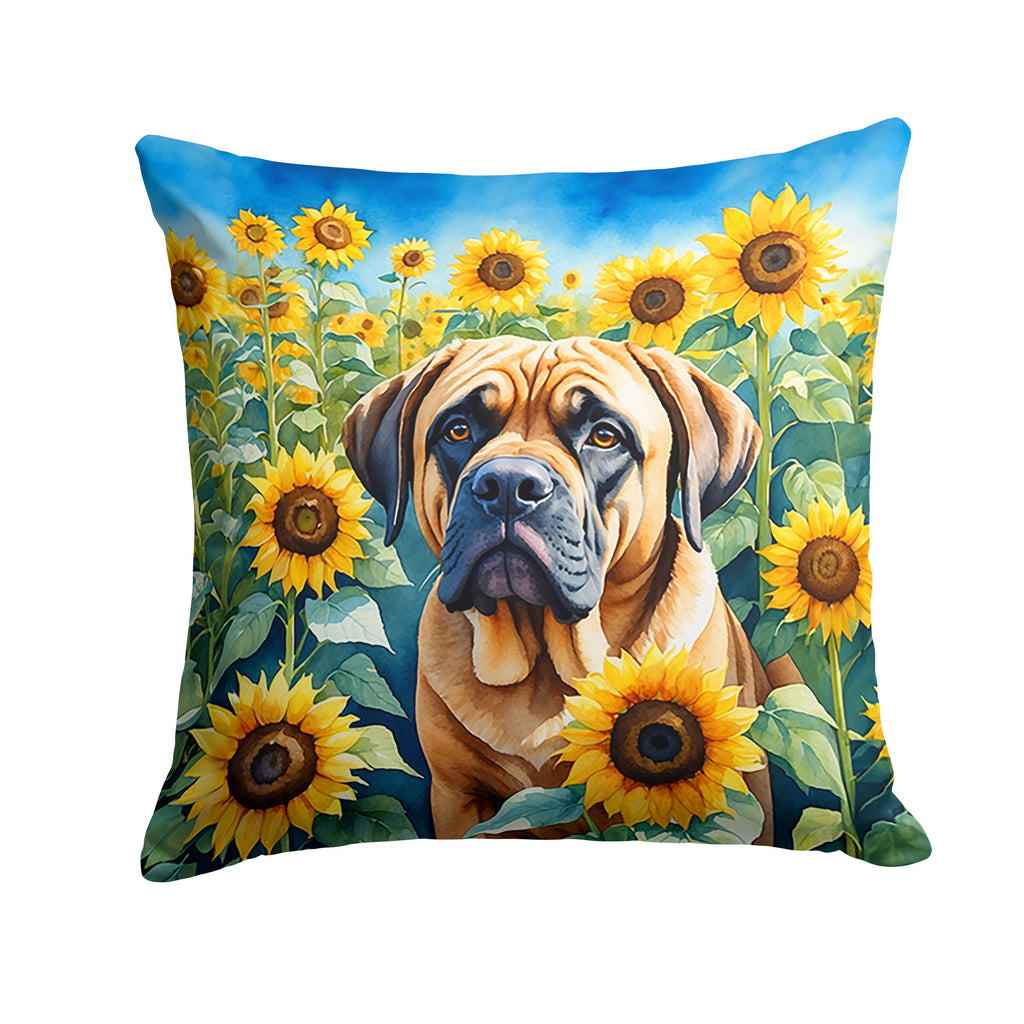 Mastiff in Sunflowers Decorative Throw Pillow 14x14 Indoor Outdoor Accent Cushion, Fabric Cover with Insert for Sofa, Bed, Porch & Living Room